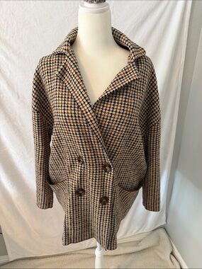 Zara Tan, Black and Cream Houndstooth Double-Breasted Pea Coat